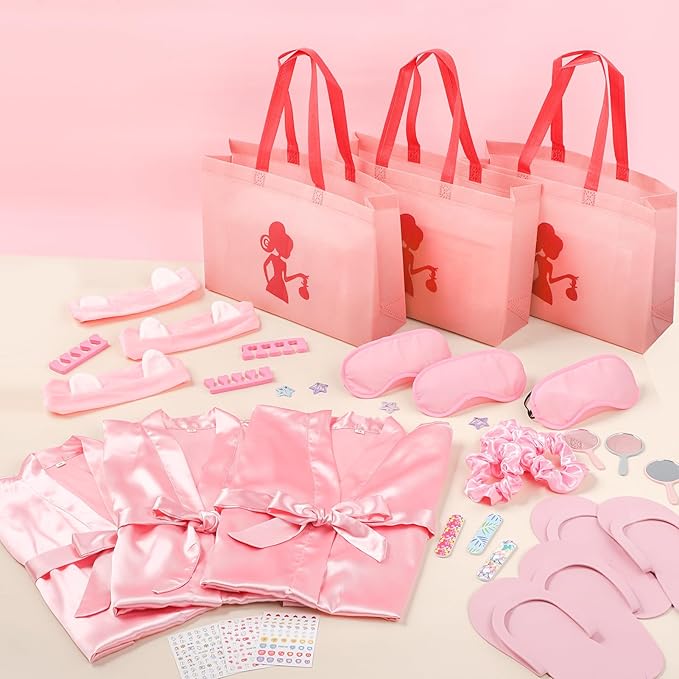 122 Pcs Pink Girls Spa Party Kit, 10-Pack Slumber Party Favors with Satin Robes, Tote Bags, and Nail Salon Accessories for Kids Spa Birthday, Halloween, Home Party Supplies