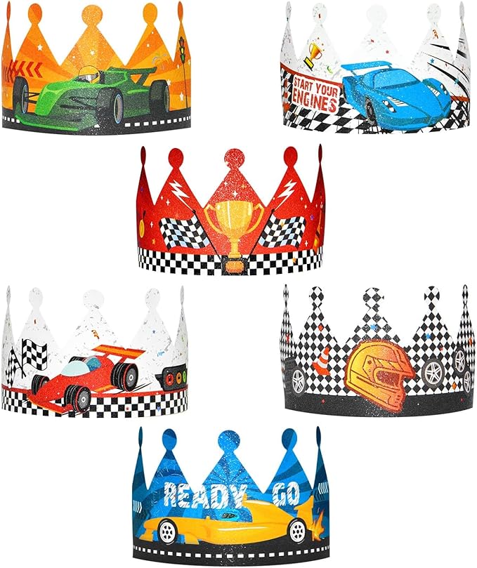 WERNNSAI Race Car Birthday Party Hats - 12PCS Birthday Party Supplies Crowns with Elastic Band Colorful Paper Party Crowns for Racing Theme Party Favors