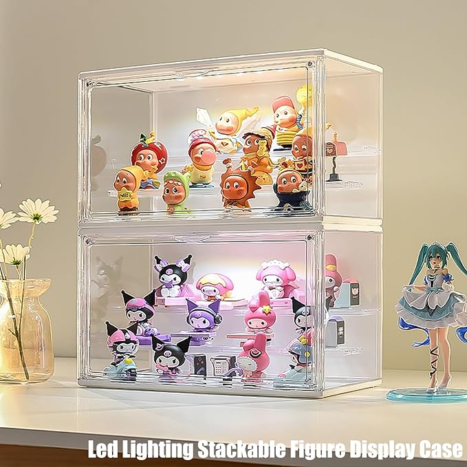 Acrylic Display Case for Collectibles with LED Light, 3-Tier Adjustable Figure Showcase, Stackable Magnetic Door for Lego Toys & Action Figures