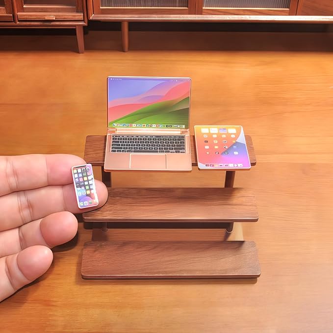 Dollhouse Decoration Miniature Accessories Dollhouse Worlds Smallest Computer Laptop Tablet Phone Simulation Accessories for Doll 1:6 1:12 Miniatures Play Set (Rose Golden)