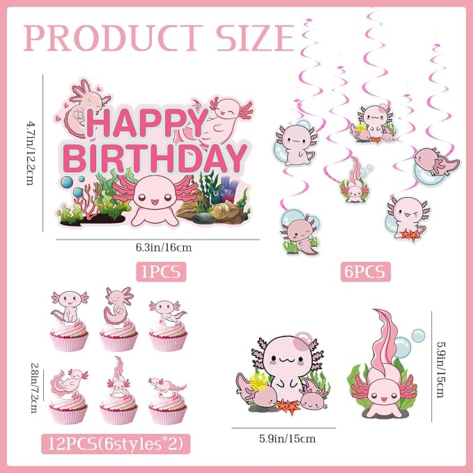 39 Pcs Axolotl Party Decorations, Include Pink Cute Cartoon Animals Happy Birthday Banners, Spiral Ornaments, Cupcaketoppers, Pink Axolotl Balloons for Birthday Party Supplies