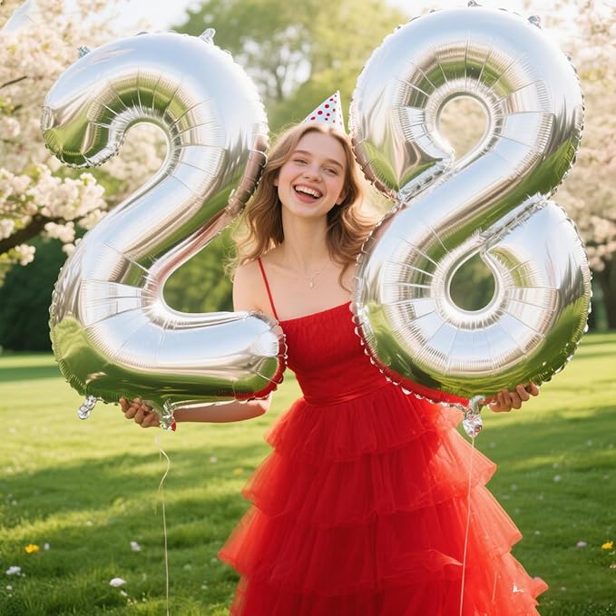 40 Inch Silver Number 28 Digital Balloon,Jumbo Mylar Foil Helium Balloon for 28 Balloons for Birthday Party,Wedding Anniversary Party Decorations