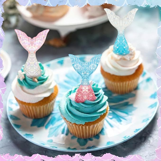 Kenning 48 Pcs Glittering Mermaid Tails Cupcake Ring Toppers Resin Cake Decoration Under The Sea Birthday Party Mermaid Birthday Cake Decor Baby Shower Princess Baby Shower Sea Party Supplies