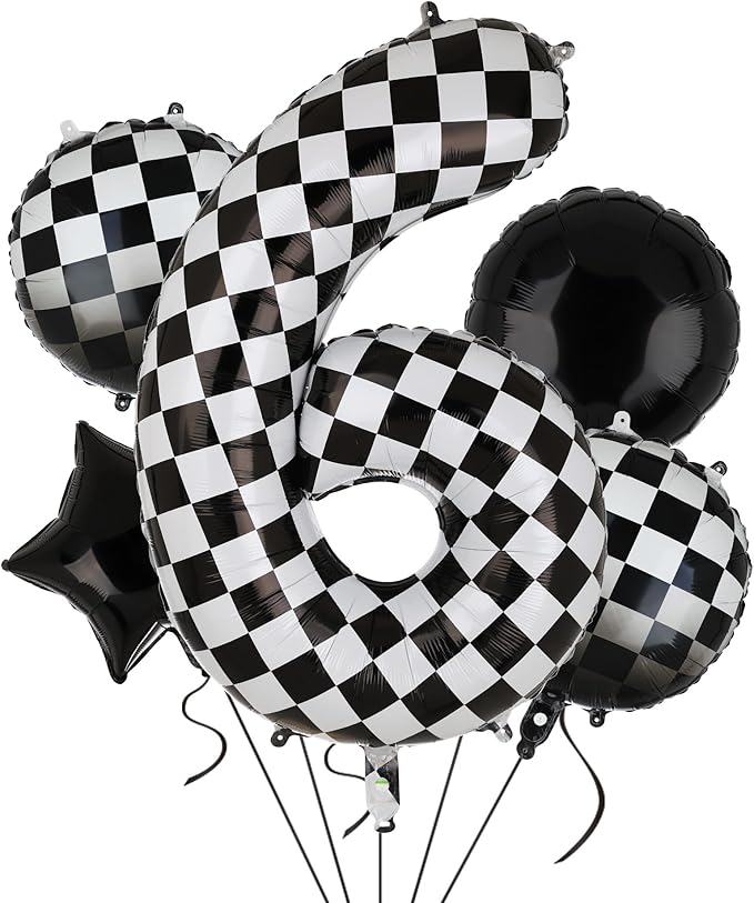 40 Inch Checkered Number Balloon 6 Black and White Race Car Birthday Balloons Baby Hippie Smile Party Shower Boys 6th Birthday Race Car Theme Party Decor Supplies 5 Pcs