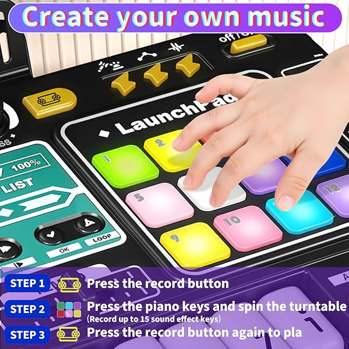 Kids DJ Mixer Board Controller Toy Set with Turntable, Piano Keys, Microphone & Bluetooth - Musical Instrument Toy for Toddlers, Babies & 3-8 Year Old Boys & Girls - Birthday (Black)
