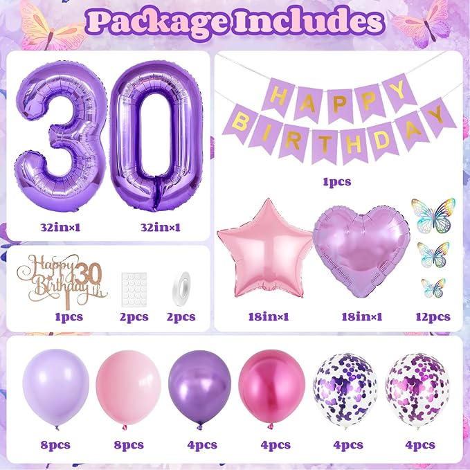 30th Birthday Decorations for Her,Pink Purple 30th Birthday Decorations Butterfly Birthday Decor Happy Birthday Banner Number 30 Balloons Cake Topper Butterfly 30th Party Decorations for Women
