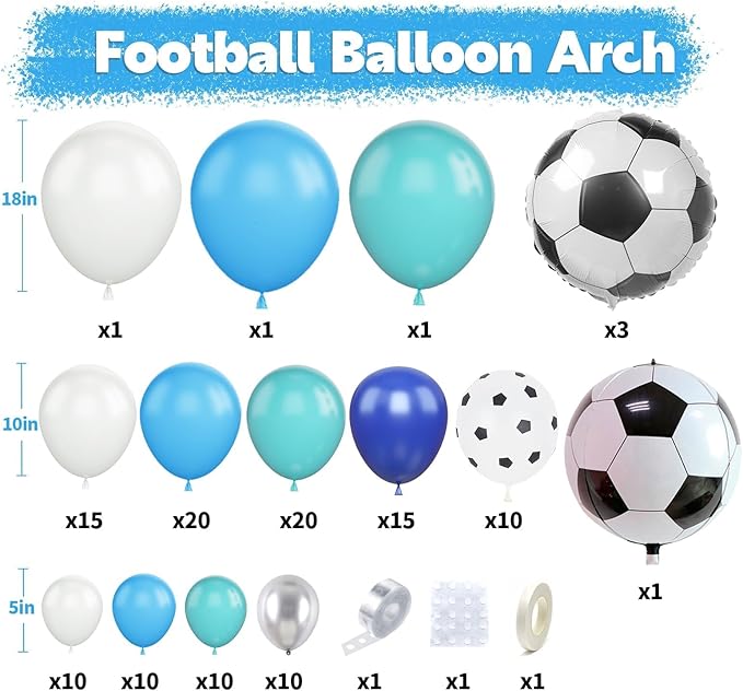 Soccer Balloon Arch Kit with 4D Football Foil Balloons, Royal Blue, White, Metallic Silver Latex Balloons for Baby Shower, Birthday, Soccer, Football Party Decorations