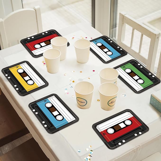 40PCS Cassette Tape Plates 70s 80s 90s Party Decorations 10 x 7 Inch Retro Square Paper Plates Tableware Music Themed Party Disposable Dinnerware for Retro Disco Hip Hop Kpop Theme Birthday Supplies