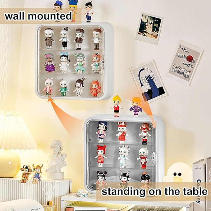 Clear Display Case for Figures, Collectibles Display Box with Shelves, 12 Inch Wall Mounted or Desktop Plastic Organizer, Miniature Acrylic Display Storage Case for Rock Stone Mini Figure, White