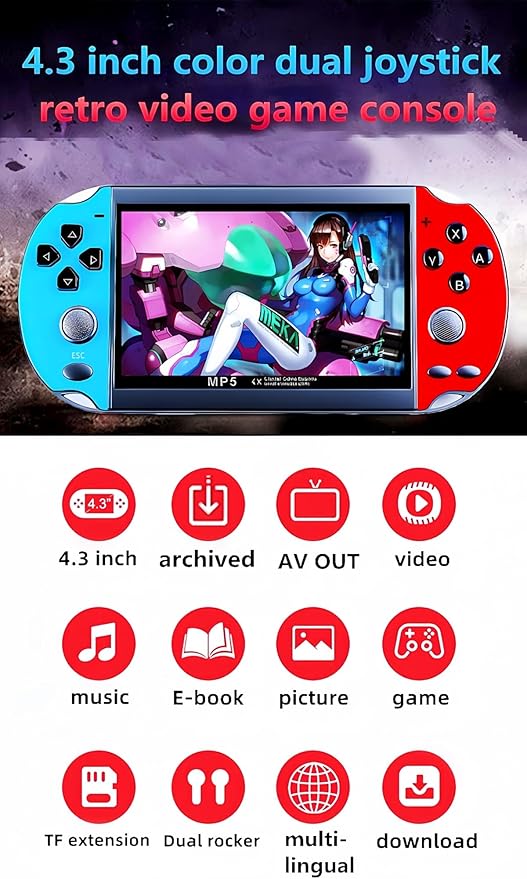 Color Video Game Console 4.3 inch Dual Joystick Built-in 3000 Retro Games Support Arcade CPS/gba/gbc/gb/SFC/fc Video/Music/E-Book AV Out Rechargeable Lithium Battery Children's Gift(Bluered)