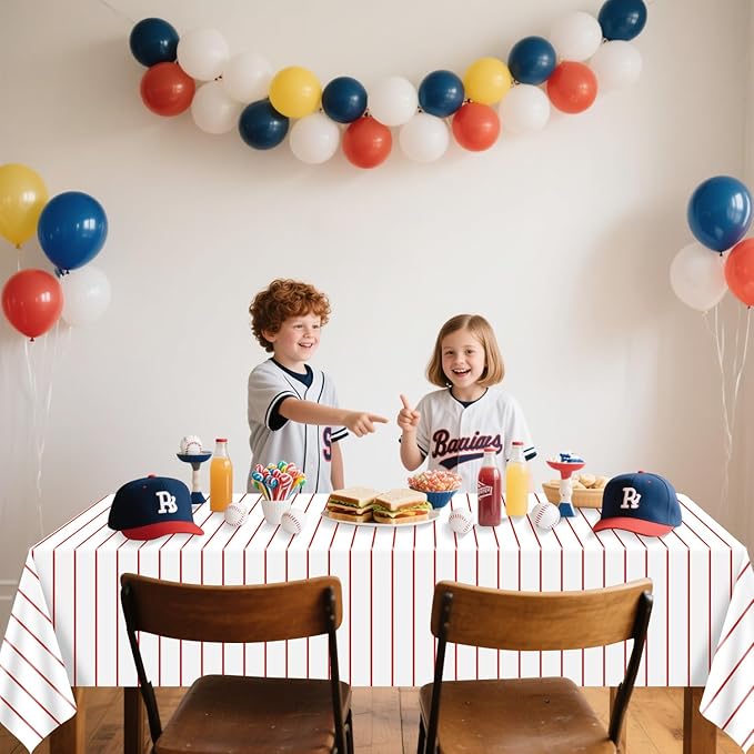 Baseball Tablecloths, 4 Pcs Red and White Stripe Plastic Table Covers for Baseball Birthday Decorations Sports Theme Party Supplies