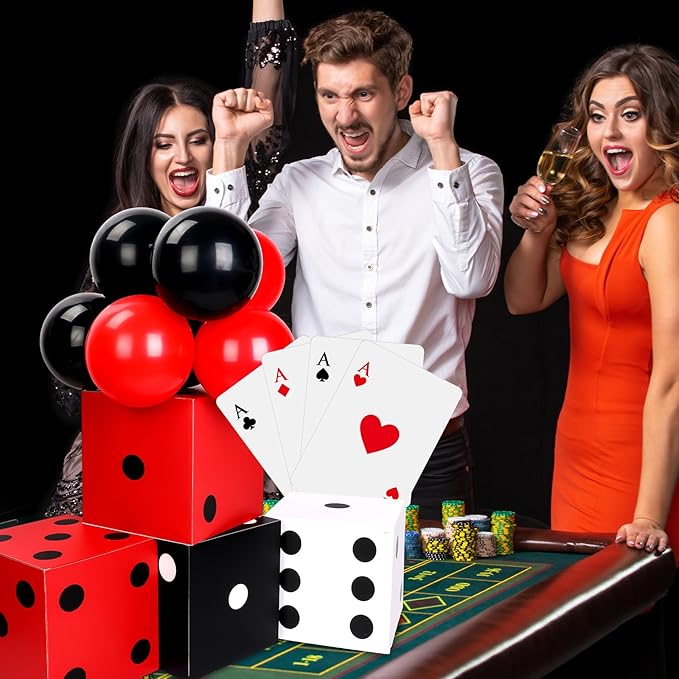68 Pcs Casino Party Boxes Balloon Poker Cards Decoration-16 Pcs 11 in Casino Dice Favor Boxes 16 Jumbo Playing Cards 36 Balloons for Game Night Birthday Grad Prom Party Supplies(Multicolor)