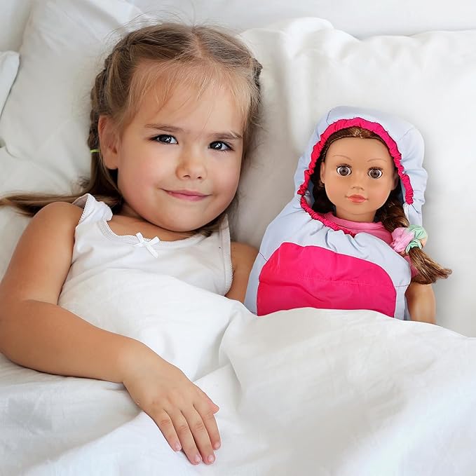 K.T. Fancy American Girl Doll Clothes for 18 Inch Dolls Accessories - Pink Outdoor Dress, Top, Pants, Shoes, Hairband, Rainbow Pillow, Outdoor Space Sleeping Bag (No Doll)