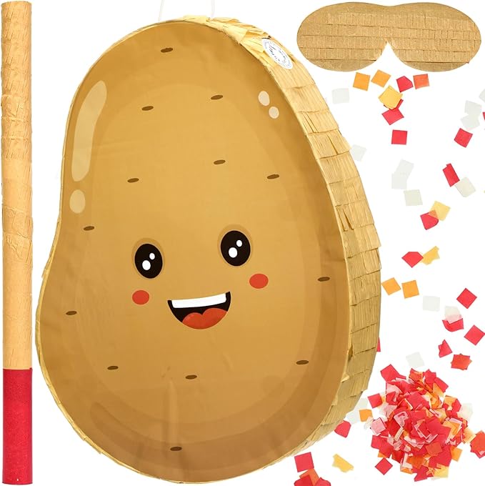 Potato Piñata for Kids Birthday Party 15 x 12 x 2.8 Inches Veggies Theme Piñata with Stick Blindfold and Confetti for Baby Shower Photo Props Cinco De Mayo Fiesta Decoration