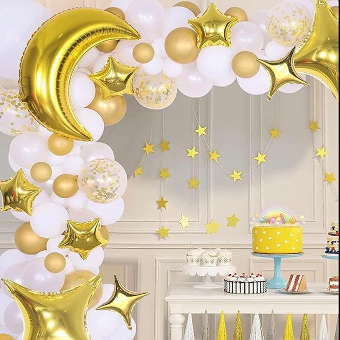 54Pcs Star Foil Balloons Moon Foil Mylar Balloons Kit with 50Pcs Gold Star Balloons and 4Pcs Large Moon Foil Balloons for Baby Shower Christmas Anniversary Engagement Wedding Birthday Party Decoration