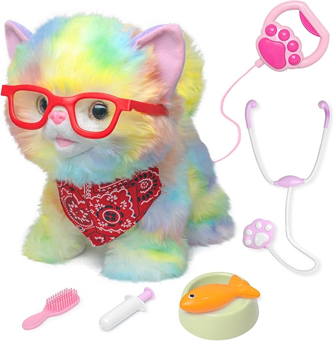 YH YUHUNG Walking Robot Cat Toy for Kids 3+, Remote Leash Controller — Rainbow Plush Kitty That Walks, Meows & Wags Tail, Vet Playset Accessories, Soft Fur, Battery-Powered