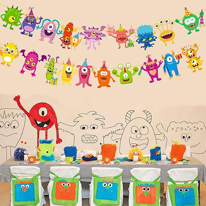 Little Monster Banner & Garland - Monster Theme Party Supplies for Birthday & Baby Shower