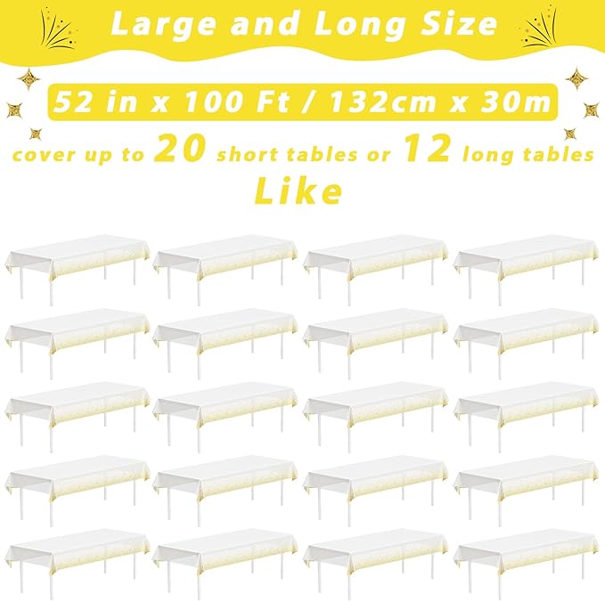 White Golden Dots Tablecloth Roll 52 in x 100 Ft Wedding Party Supplie Gold Dot Party Table Cover for Indoor Outdoor Events Family Banquet Picnic Parties and Celebrations（Plastic ）