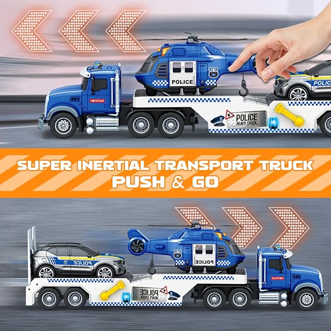 21" Semi Police Truck Toy with Helicopter & Racing Car,Toddler Boy Toys for 3 4 5 6 Years Kids,Friction Powered Truck Vehicle with Lights & Sounds for Boys Girls Christmas Birthday Gifts