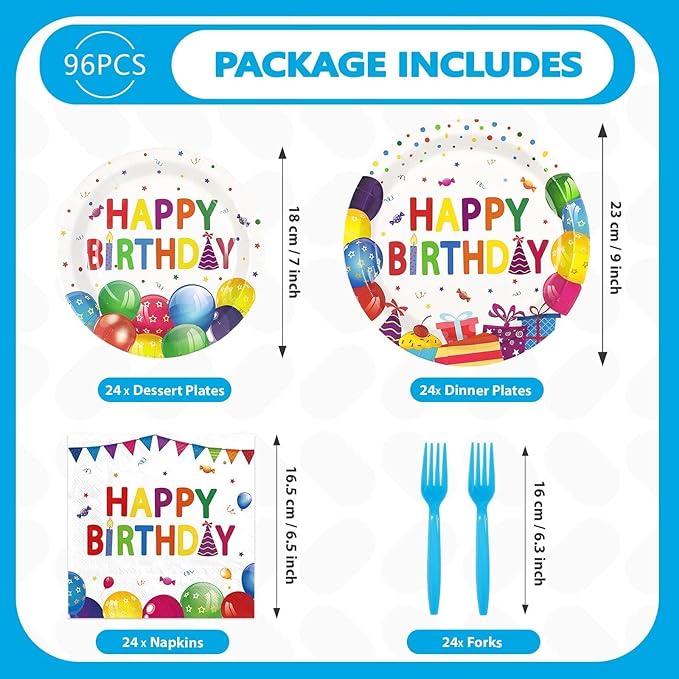 96Pcs Happy Birthday Decorations Colorful Dots Happy Birthday Plates and Napkins Disposable Rainbow Multicolor Decorations Tableware Set for Kids Boys Girls Birthday Party Supplies Serves 24