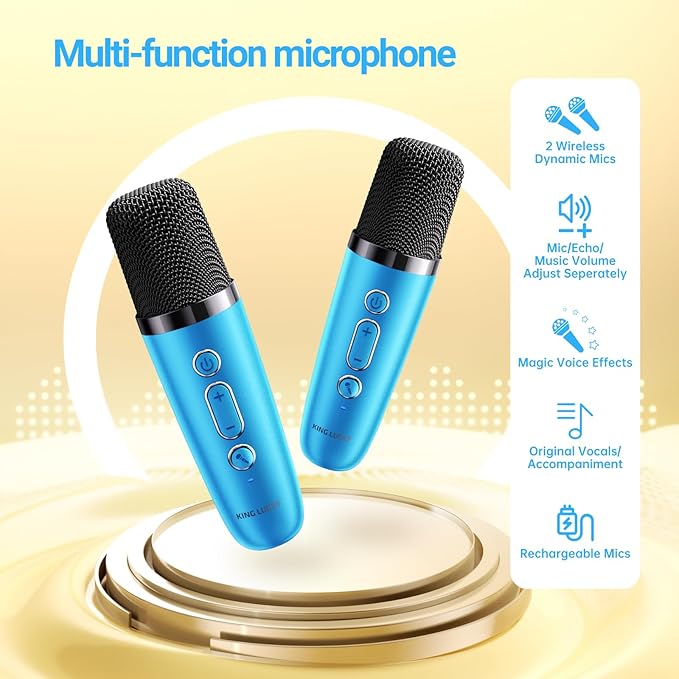 Kinglucky Mini Karaoke Machine for Kids, 2025 TOP Birthday Gifts Ideas for 3-12 Year Old Girls, Christmas Party Gifts Kids' Personal Video Players Accessories with 2 Wireless Microphones - Gold Blue