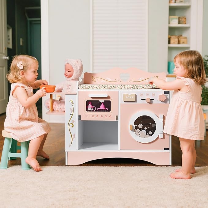 ROBOTIME Wooden 6-in-1 Baby Doll Changing Table with Baby Doll Crib, Washing Machine, Bottle Sterilizer, Storage Area, and Doll Seat, Ideal Role-Playing Toy for Kids 3+, Fits Dolls Up to 20 in, Pink