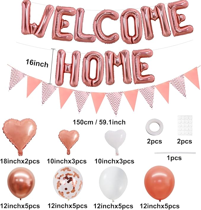 TONIFUL Welcome Home Decorations,16 Inch Rose Gold Welcome Home Foil Balloon Banner Rose Gold Confetti Balloons Pennant Flag Bunting for Homecoming Party House Warming Party Family Gathering Supplies