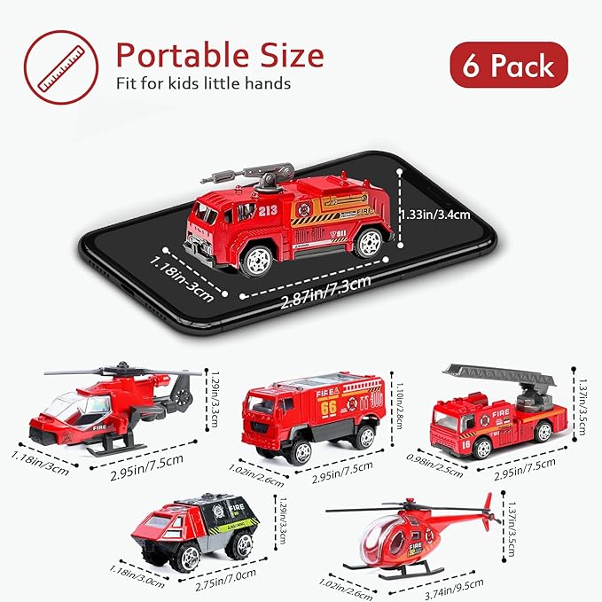 Fire Truck Toy for Boys, 6 Pcs Diecast Car Fire Truck, Helicopter,Ladder Truck, Fire Rescue Vehicle, Car Playsets Birthday Gift for Boys Kids Age 4 5 6 7 8 9 10 11 12