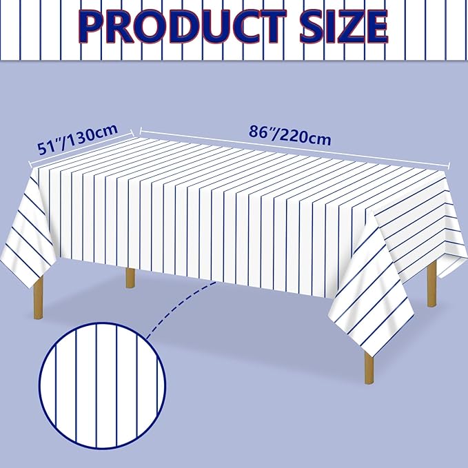 Baseball Tablecloths, 4 Pcs Blue and White Stripe Plastic Table Covers for Baseball Birthday Decorations Sports Theme Party Supplies