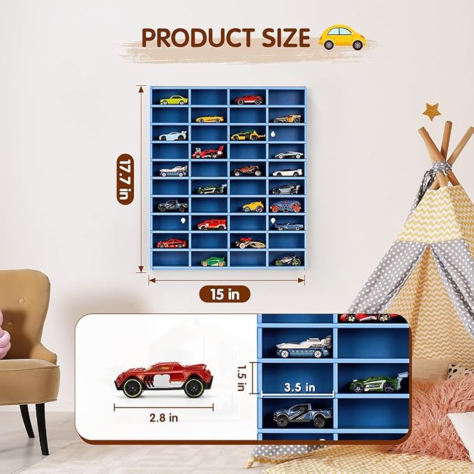 2 Pack Toy Car Display Shelf, Holds 80 Diecast 1/64 Toy Cars, Wall Mount Model Car Storage Organize Case, Blue
