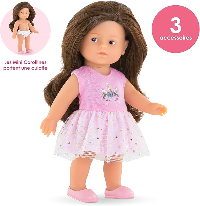 Corolle Mini Corolline Romy Unicorn Gift Set Includes 8" Doll and 3 Accessories - Shirt, Shorts and Headband with Hair Extensions, for Ages 3 Years and up
