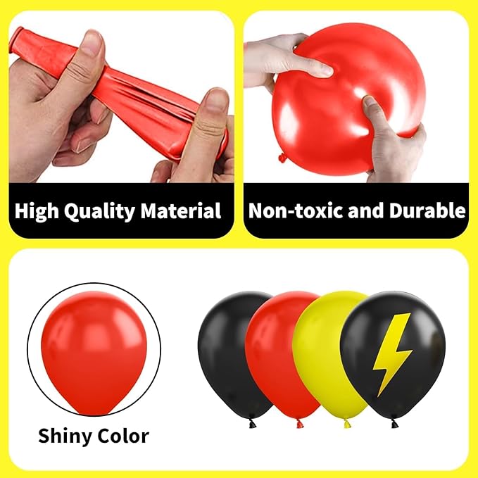 Red Black Yellow Balloons, 60 Pcs 12 Inch Energy Lightning Theme Balloons for Kids Adventure Birthday Party, Game Action Baby Shower Decorations