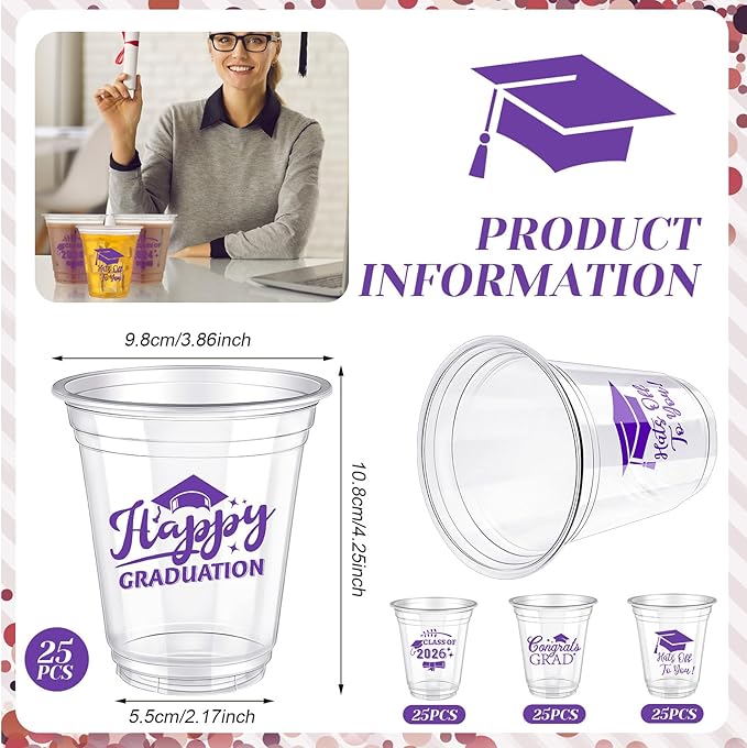 Eaasty 200 Pcs 12oz Graduation Cups 2026 Disposable Plastic Cups for Class of 2026 Graduation Party Congrats Grad Elegant Party Supplies Tableware Decorations (Purple)