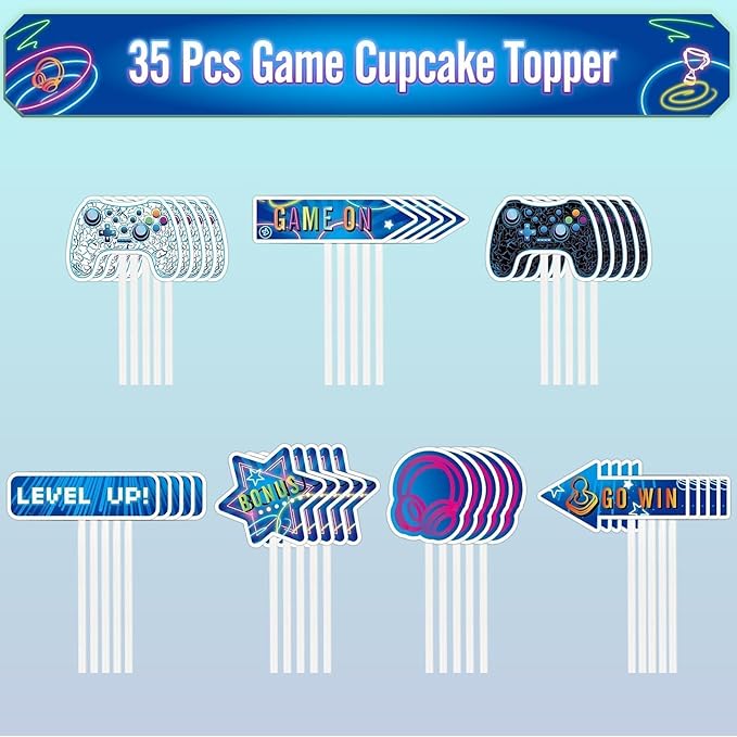 WERNNSAI 35 PCS Video Game Cupcake Toppers - Gaming Cake Toppers Game Birthday Party Cake Decorations for Kids Boys Gamer Cupcake Toppers Game Party Favors Supplies Gaming Night Party Cake Decors