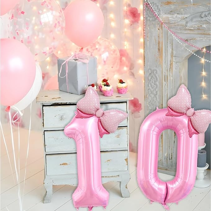 40 inch Number 10 Balloon with Bow Pink Happy Birthday Jumbo Number Balloons for Girls Daughter Birthday Decorations Party Supplies (Pink Number 10)