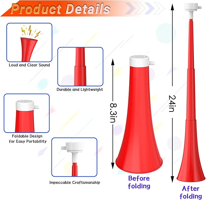 Collapsible Stadium Horn 24 Inch Vuvuzela Plastic Trumpet Horn Blow Horn Noisemakers Loud Sound Soccer Horn Cheer Horn for Sporting Events Graduation Games School Party Supplies Favors Accessories