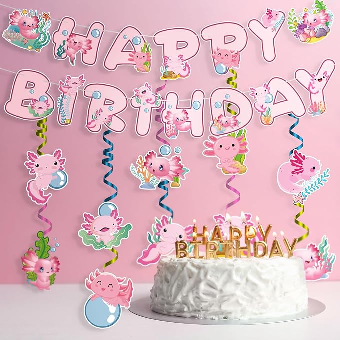 Axolotl Happy Birthday Banner - 12PC Pink Birthday Decor Backdrop Sign Party Supplies Set Cute Animals Photo Background Supplies Hanging Swirls Decorations Girls Boys Women Men Children Kids