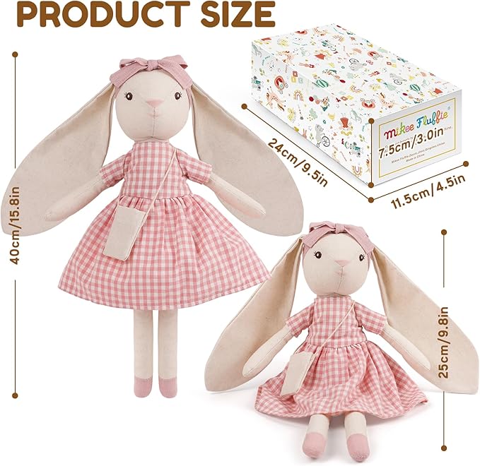 15" Bunny Stuffed Animal for Girls, Plush Toy Doll -Wearing Pink Plaid Dress,Cute Doll Set Dress Up for 3 4 5 Year Old Girl - Gift for Little Girl, Birthday, Easter,Christmas…