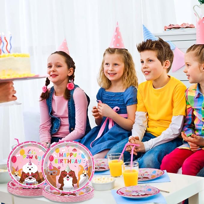 Grencian 96 Pcs Dog Birthday Party Supplies Puppy Tableware Set Disposable Dog Paper Plates Napkins Forks Pink Dogs Themed Party Decorations for Lets Pawty Puppy Birthday Decorations Serves 24