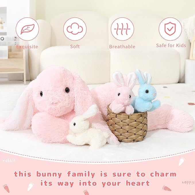 Big Pink Bunny Stuffed Animal 24" - Large Easter Stuffed Bunny Rabbit Plush Toy Gifts for Girls Baby - Plushy Mommy Bunny Surprise with 3 Babies Inside