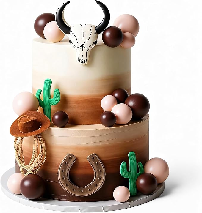 26 Pcs Cowboy Cake Decorations Cowboy Hat Cake Topper Western Hat Bull's Head Topper Decoration for Western Cowgirl Birthday Baby Shower Party Supplies (Brown, Retro)