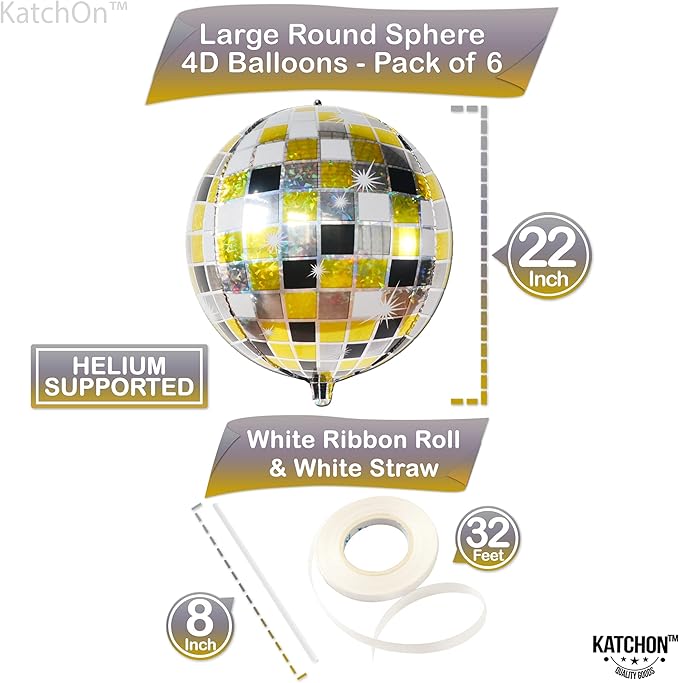 KatchOn, Multicolor Disco Ball Balloons - 22 Inch, Pack of 6 | 4D Sphere Disco Balloons for Black and Gold Birthday Decorations | Graduation Decorations 2026, Black and Gold Party Decorations