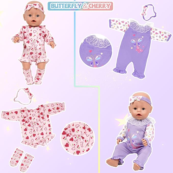 6 Sets 14-16 Inch Baby Doll Clothes, New Born Doll Outfits with Rompers & Accessories for 16-inch Soft Body Dolls ( No Doll)