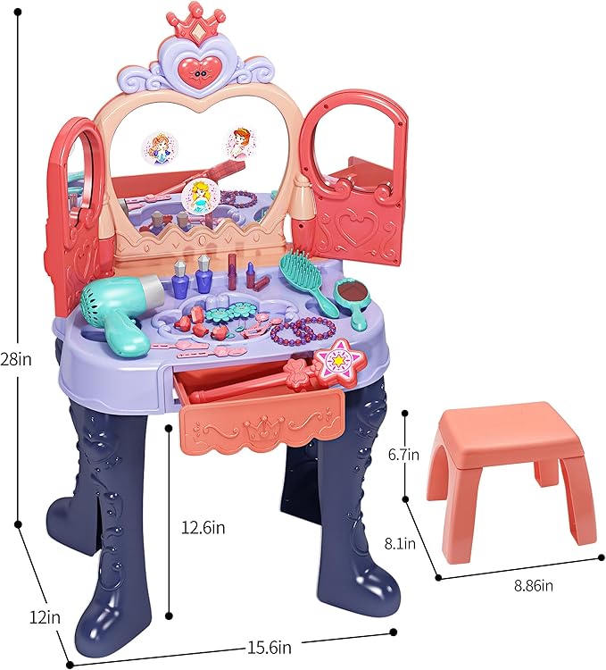 Magic Sensor Toddler Vanity Set with Automatic Opening Mirror, Kids Makeup Table with Induction Light & Music, Real Sound Hair Dryer, Fairy Wand & Accessories, Toy for Girls Age 3 4 5