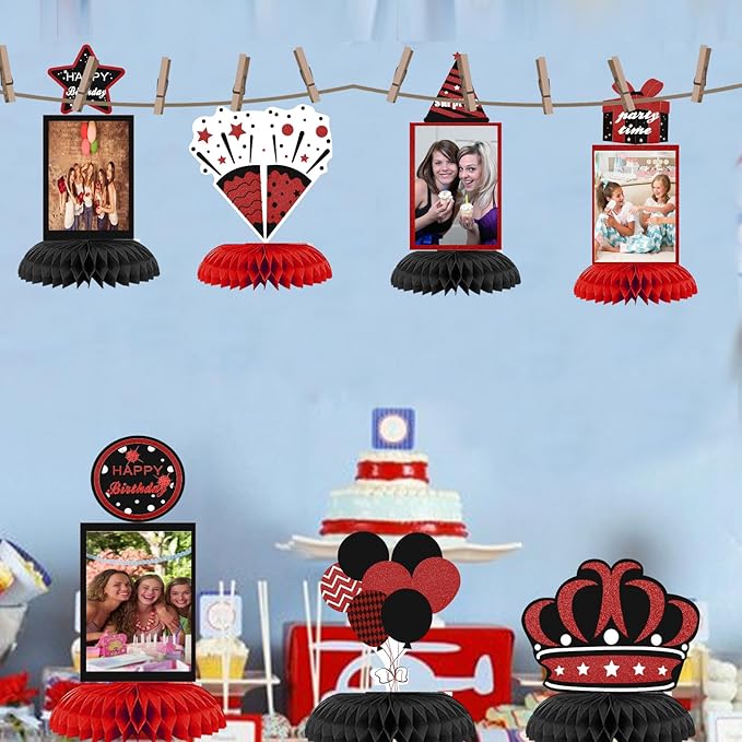 9Pcs Black Red Birthday Decorations Honeycomb Centerpieces Red Theme Birthday Photo Table Centerpiece Party Supplies 16th 30th 40th 50th 60th Bday Table Topper