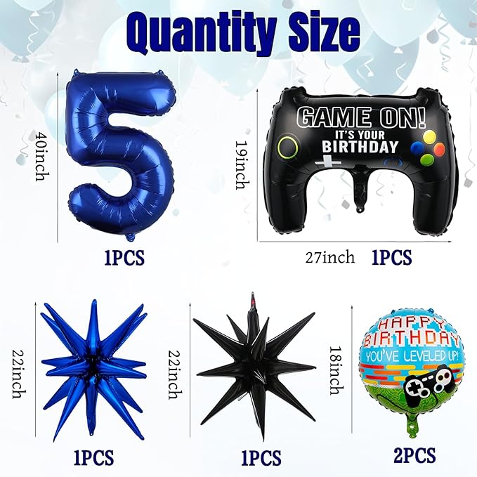 12pcs Video Game Themed Party Decorations, Number 5th Boys Birthday Party Supplies, Navy Blue Video Game Controller Mylar Foil Balloon, Video Game Party Decoration Supplies