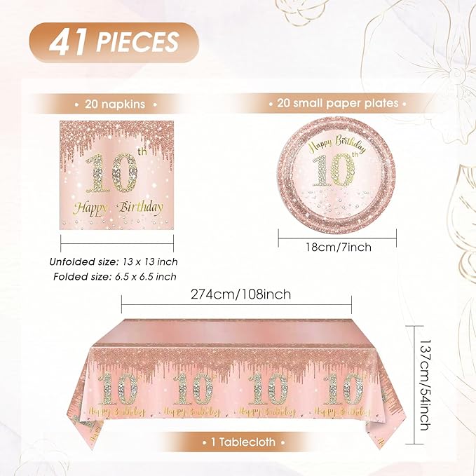 41 Pcs 10th Birthday Decorations for Girl,Rose Gold Happy 10 Years Old Ten Birthday Party Tableware Set 10th Birthday Party Plates and Napkins,Tablecloth for Kids Girls Teenager Favors