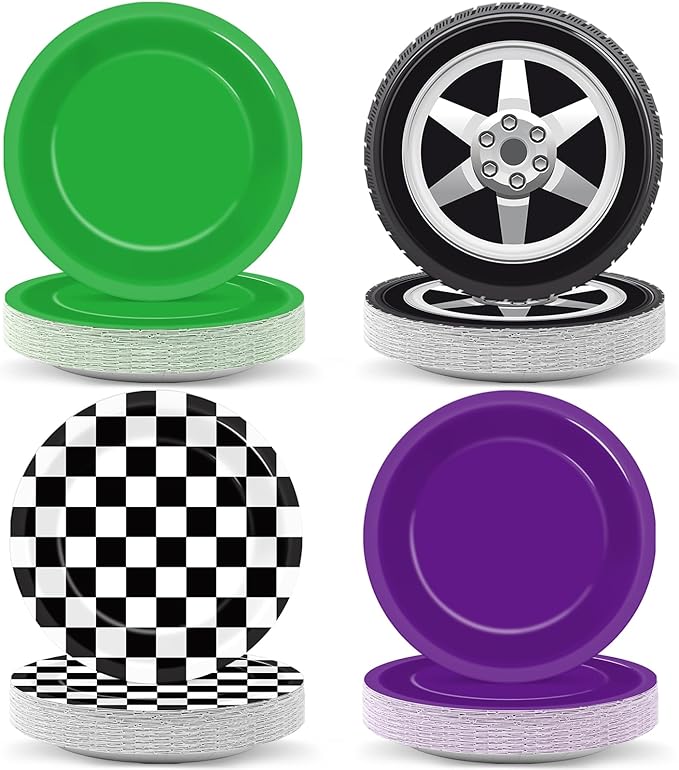 60Pcs Monster Truck Party Paper Plates Green Purple Monster Truck Birthday Party Supplies 7 Inch Black and White Checked Theme Disposable Dinner Dessert Cake Plates for Kids Racing Car Birthday Decor