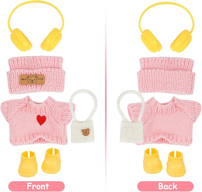 17cm Doll Clothes Accessories - Pink Knit 5-Piece Outfit (No Doll) with Mini Hat, Ear Muffs, Shoes, Bag for 6.7 Inch Dolls Doll Clothing