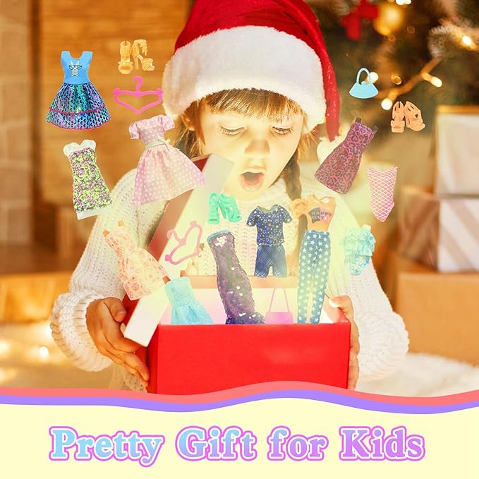 40Pcs Doll Clothes and Accessories Including 2 Fashion Evening & 2 Casual Dresses, 1 Sequins & 3 Slip Dresses, 2 Swimwear, 10 Pairs of Shoes, 5 Hangers, 12 Accessories for 11.5 inch Girl Doll
